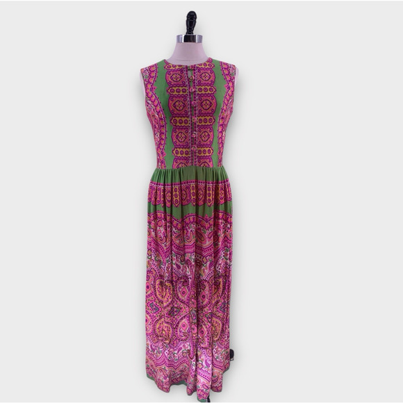 Vintage Paisley Print Maxi Dress Pink Green Glitter Boho 70s Slim Aarons Size M - Picture 1 of 9